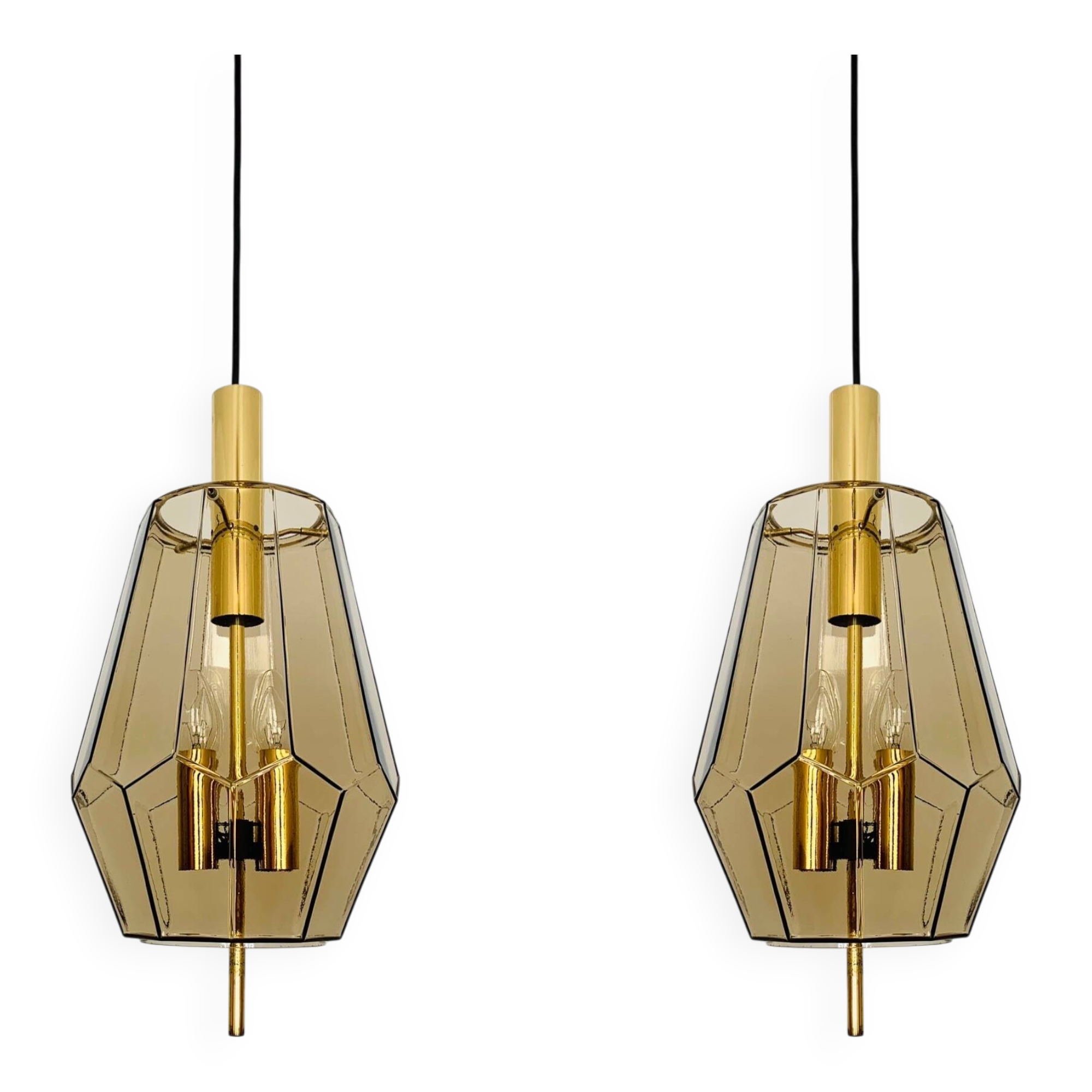 Set of 2 Smoked Glass Pendant Lamps by Glashütte Limburg