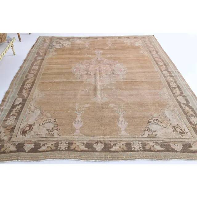 Vintage Turkish Hand-Knotted Wool Cotton Brown Area Rug 69x71