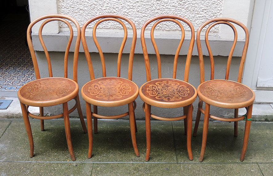 4 old fischel bentwood chairs and pyrograved pattern