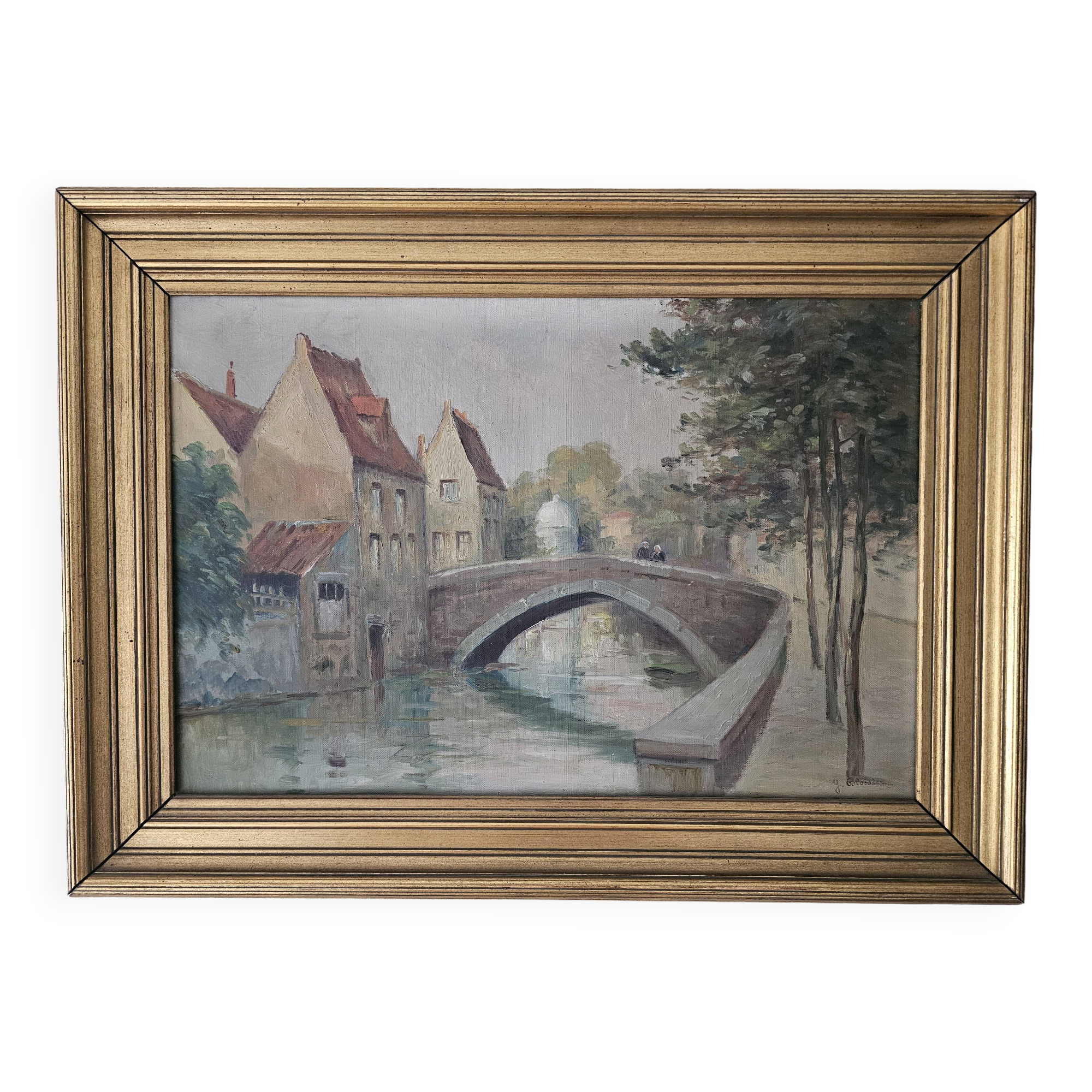 Oil on Canvas Landscape The Old Canals of Bruges - Signed Glossier