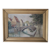 Oil on Canvas Landscape The Old Canals of Bruges - Signed Glossier