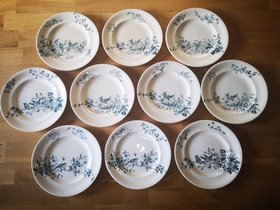 Lot 10 round plates old earthenware longwy Cute birds iron earth ø 23 cm