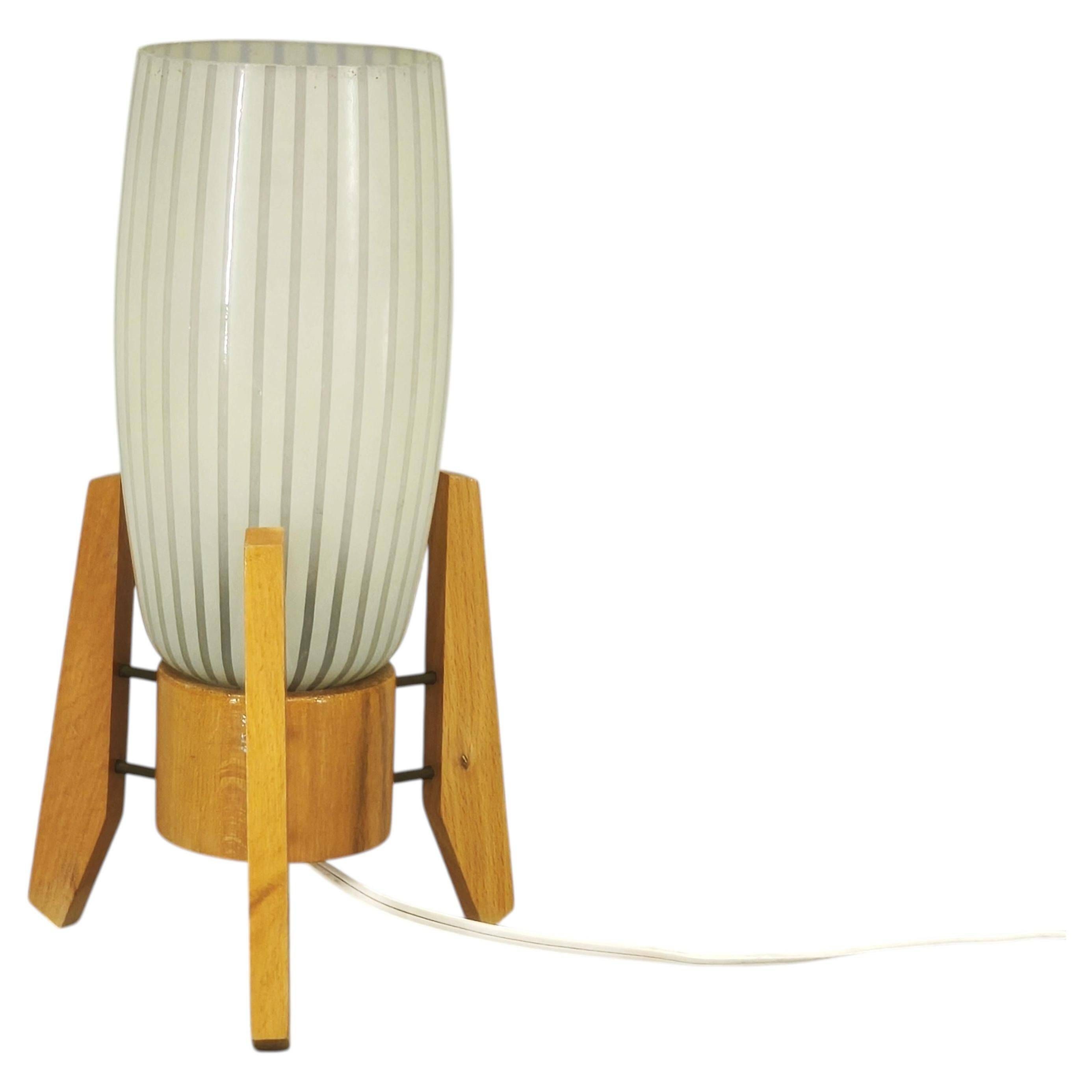 1970s Czech Mid-Century Glass and Wood Tripod Table Lamp by Dřevo Humpolec