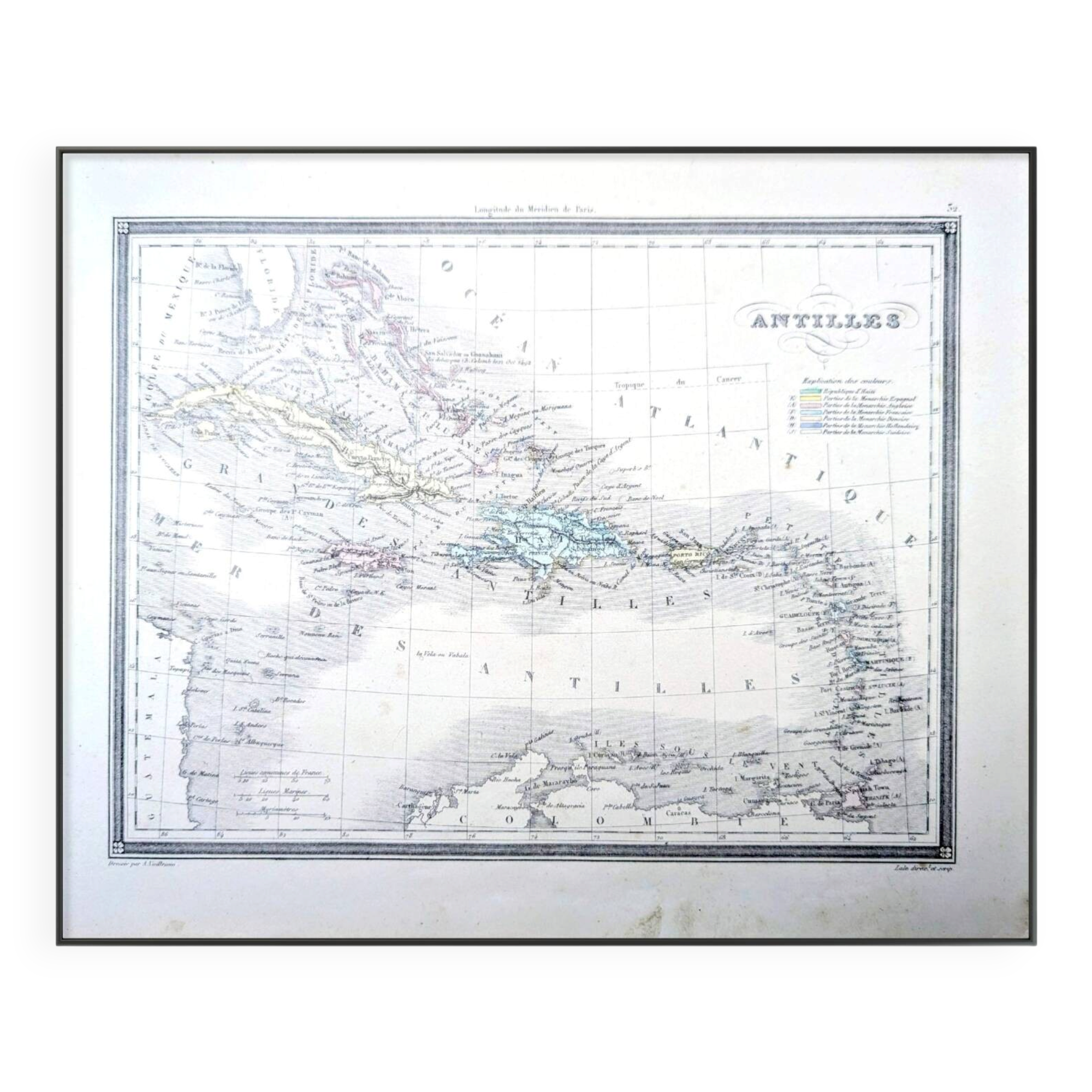 The Antilles, old map, printed in 1852.