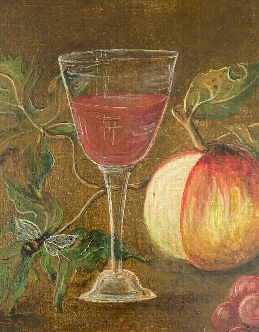 Oil panel monogram eg to identify still life fruits glass wine
