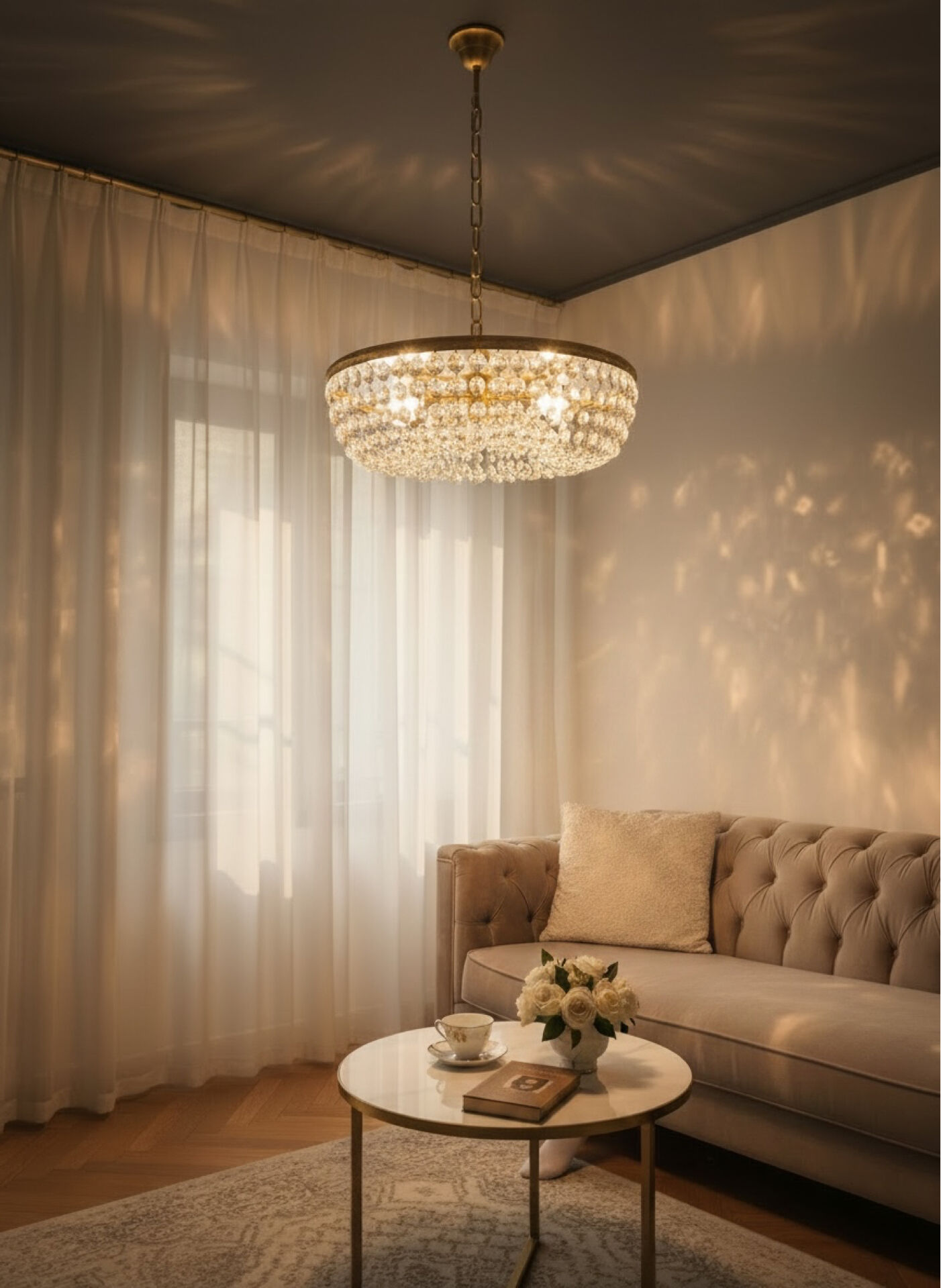 Chandelier en cristal et laiton italien des années 1960 – 6 lumières