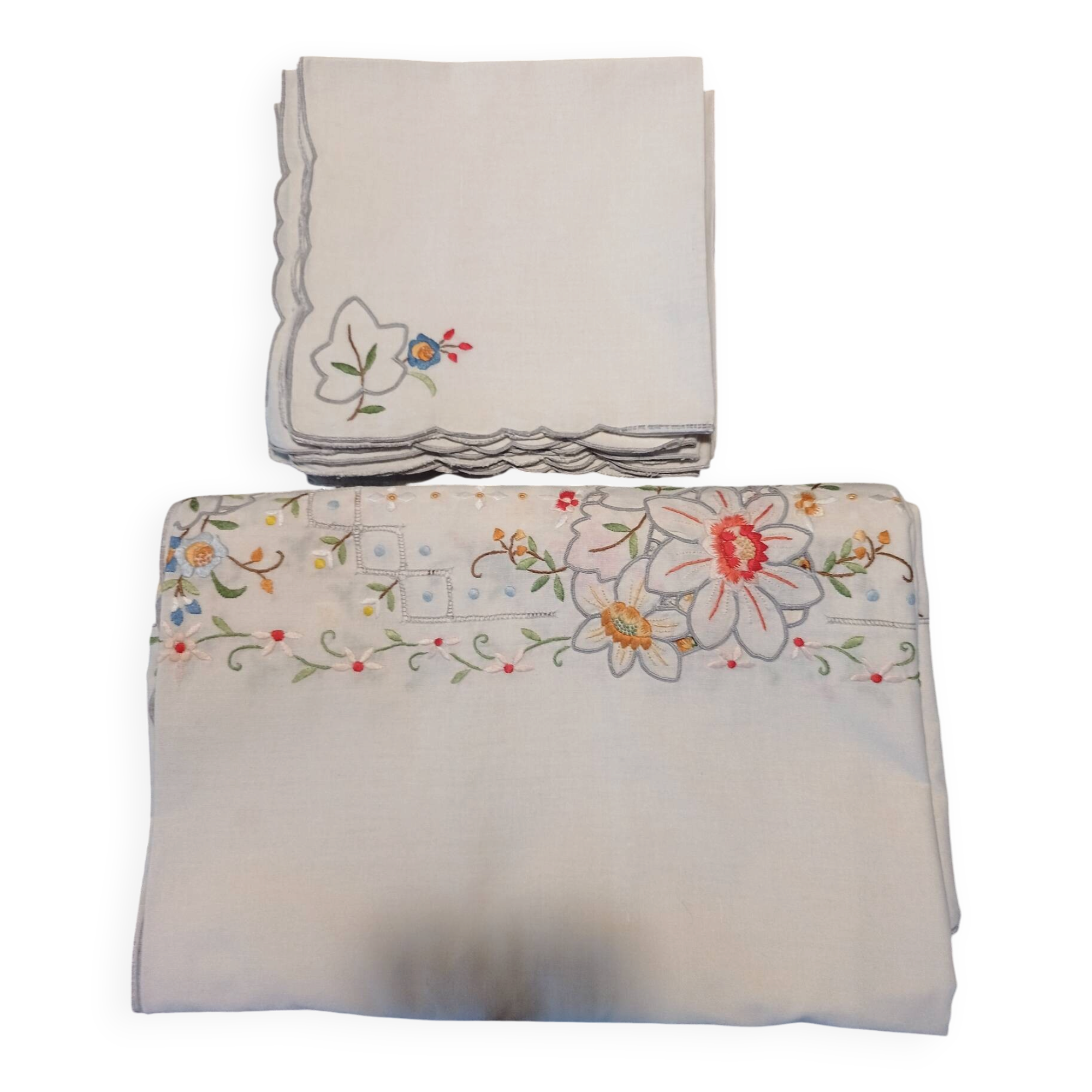 Large old embroidered and openwork tablecloth and 8 napkins.