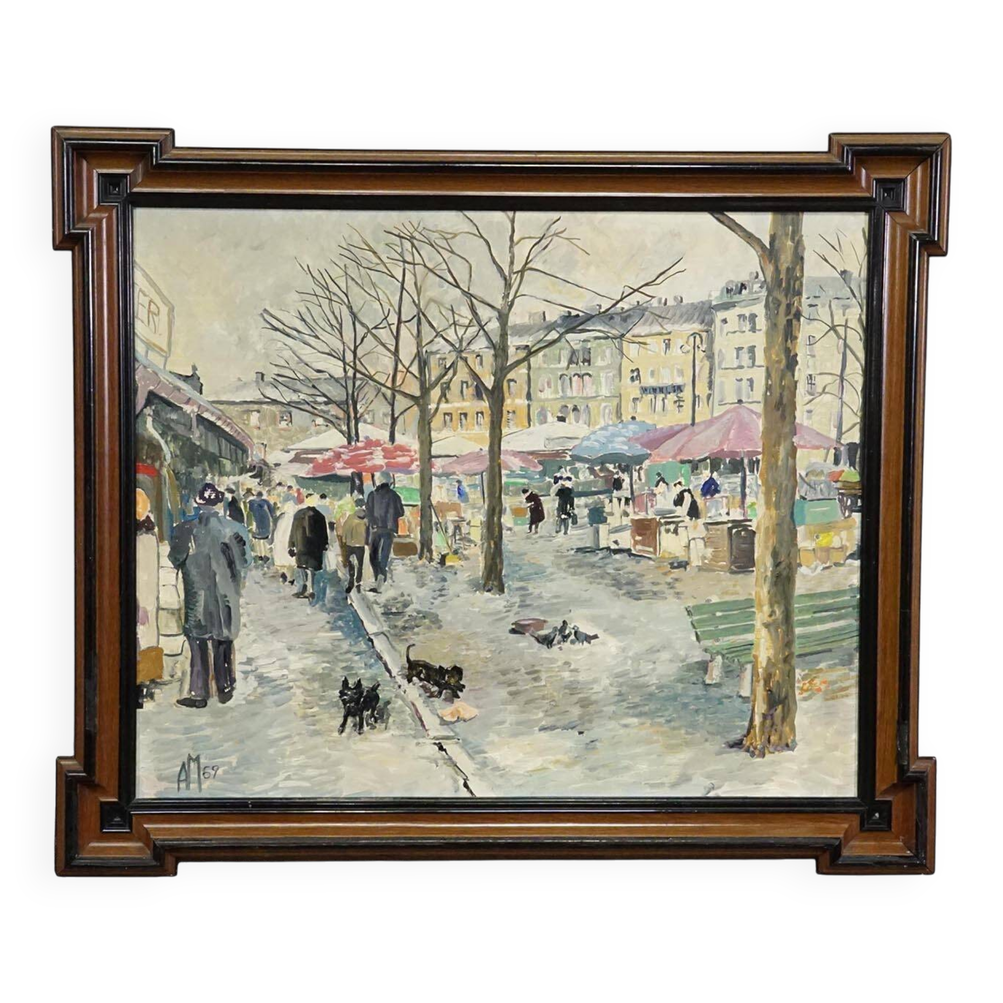 Vintage oil painting of the Viktualienmarkt in winter in Munich by Alexander Michael.