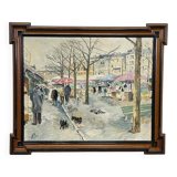 Vintage oil painting of the Viktualienmarkt in winter in Munich by Alexander Michael.