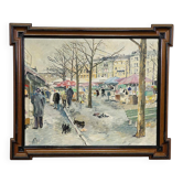 Vintage oil painting of the Viktualienmarkt in winter in Munich by Alexander Michael.