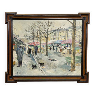 Vintage oil painting of the Viktualienmarkt in winter in Munich by Alexander Michael.