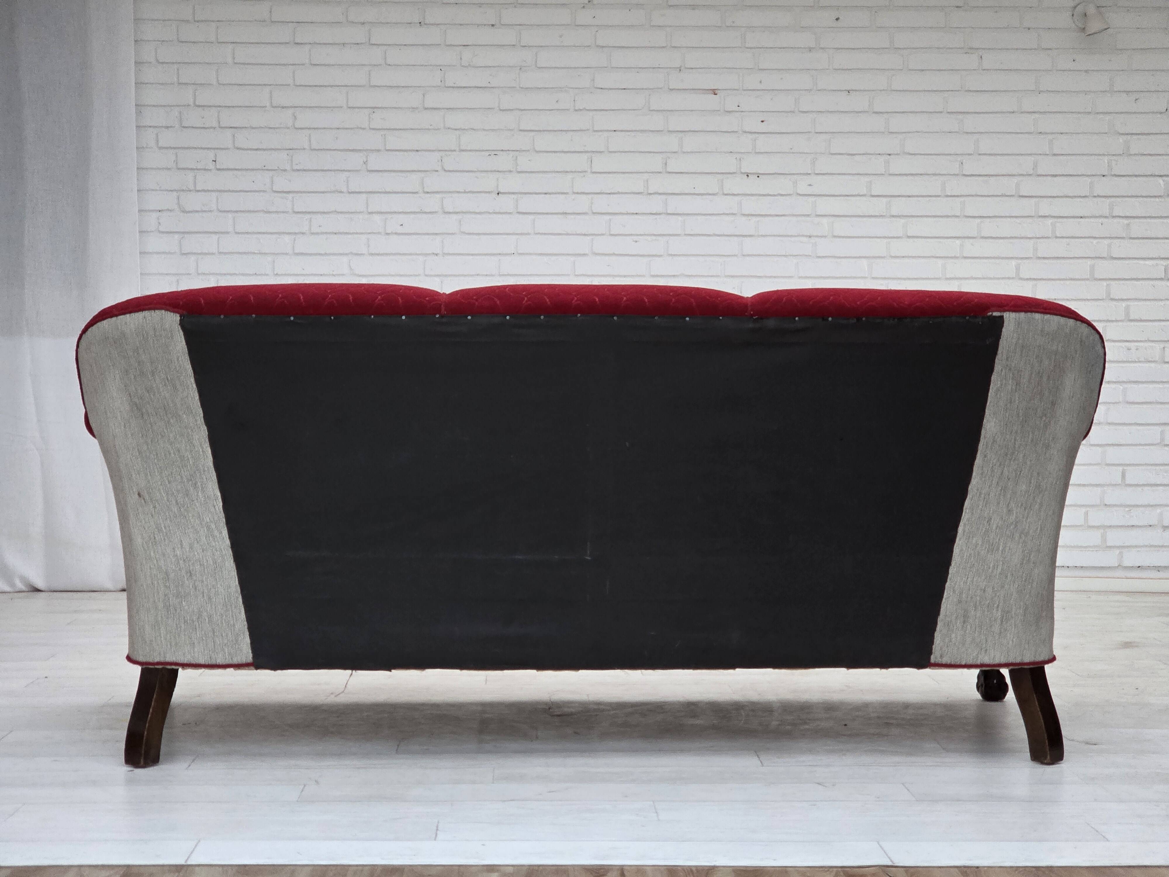 1950s, Danish 3-seater sofa, red and light grey furniture wool, oak wood.