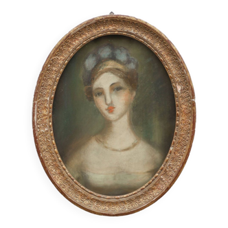 wall frame woman portrait in chalk on hardboard, wall decoration, oval frame, collection