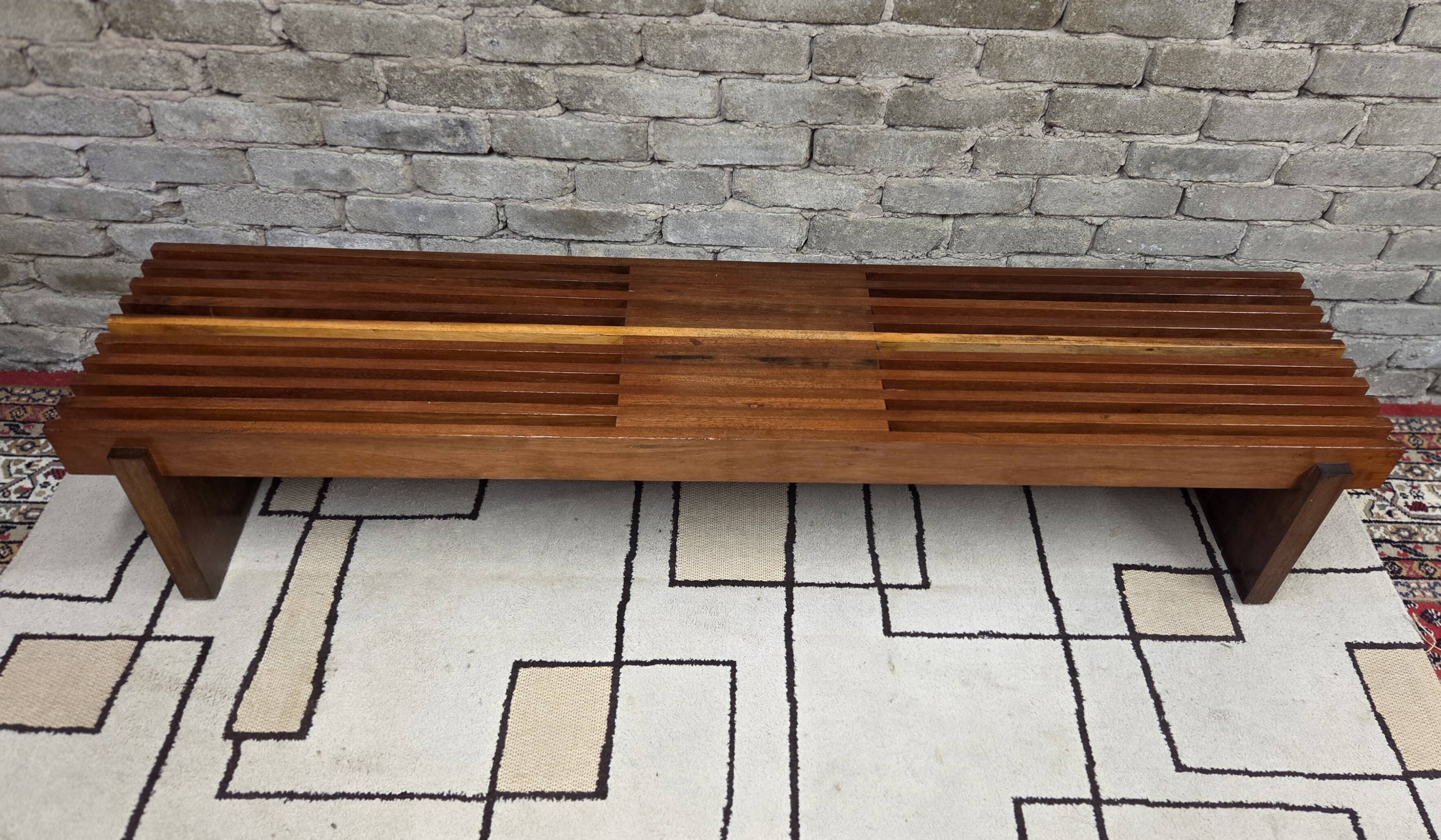 Vintage brutalist bench in solid teak with slats – 1970s