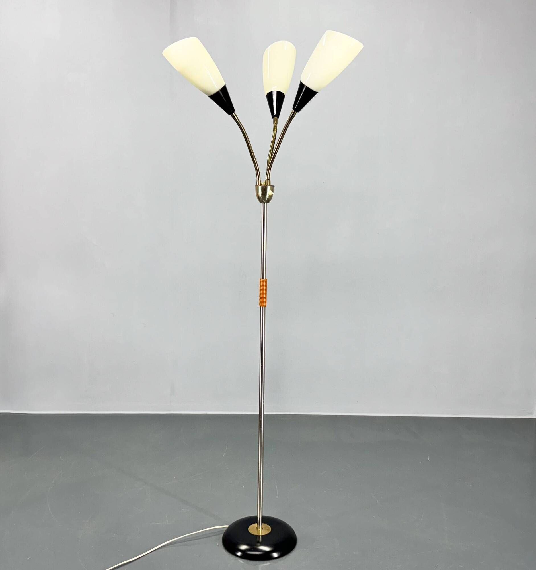 1950s Brass & Glass Adjustable Floor Lamp with Wooden Detail