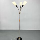 1950s Brass & Glass Adjustable Floor Lamp with Wooden Detail