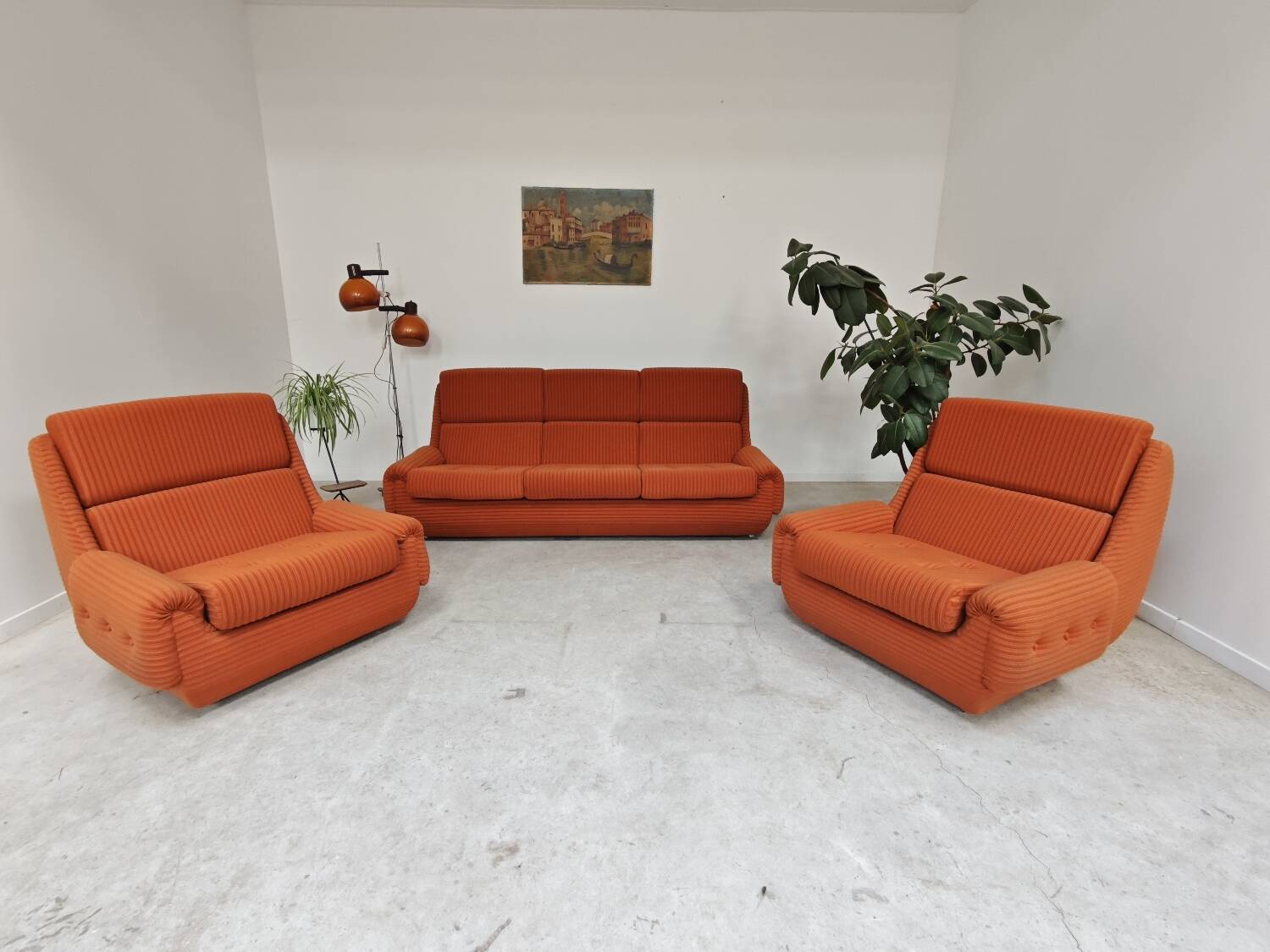 Orange 3-seater sofa jitona ribbed fabric space age 1970