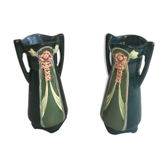 Pair of balustre ancient ceramic vases in enamelled blue green vintage