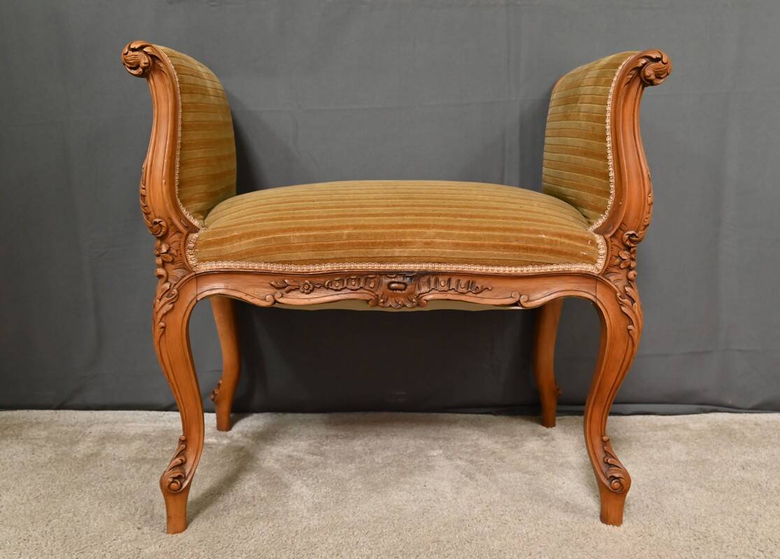 Small Louis XV Style Bench with Armrests in Blond Mahogany – 1920