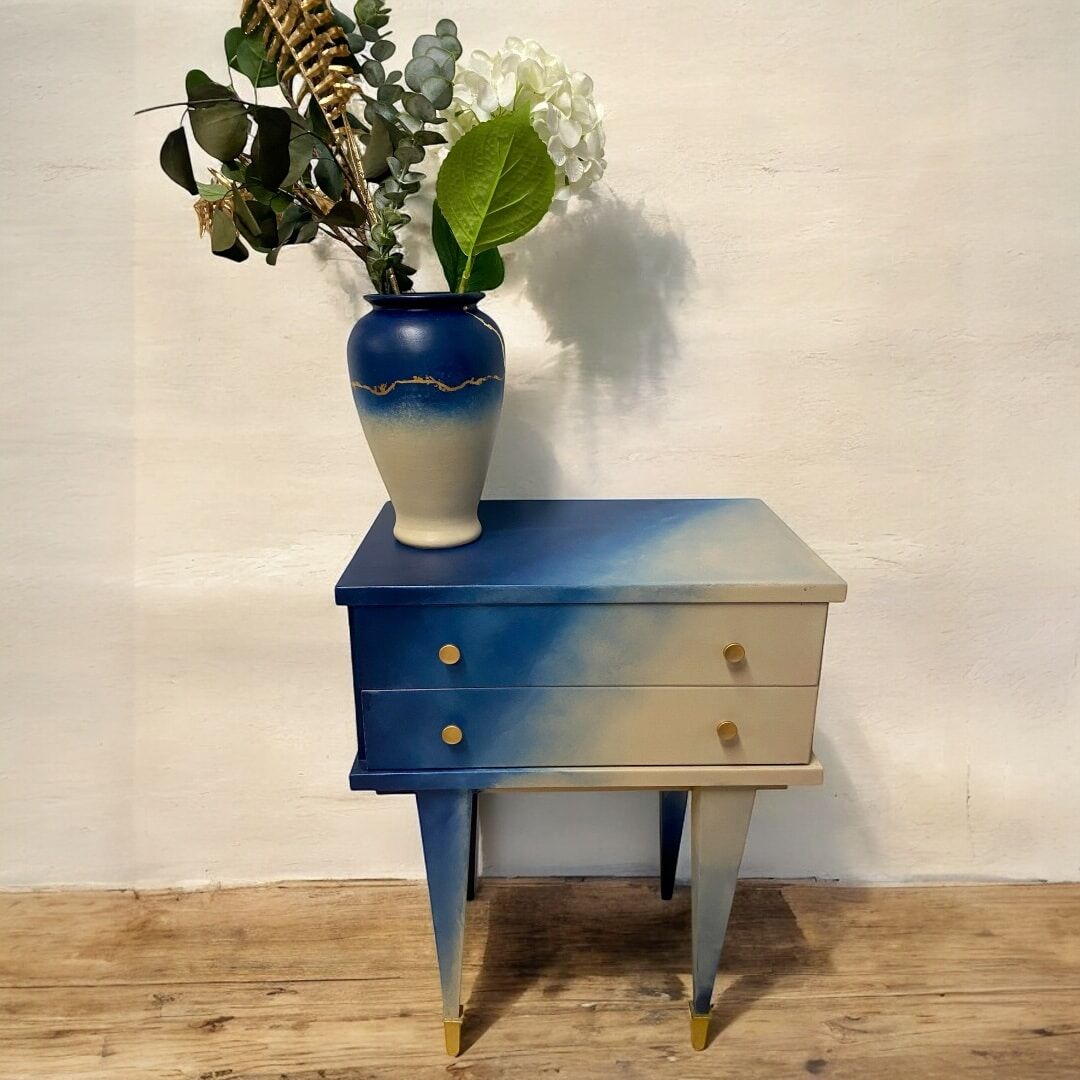 Navy blue and beige tie-dye bedside table
