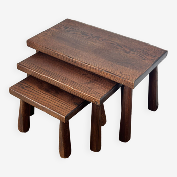 Vintage set of 3 brutalist oak nesting tables 1970