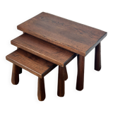 Vintage set of 3 brutalist oak nesting tables 1970