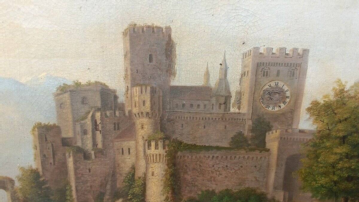 Large Antique Castle Landscape Painting, Oil On Canvas Signed Kraft 1850