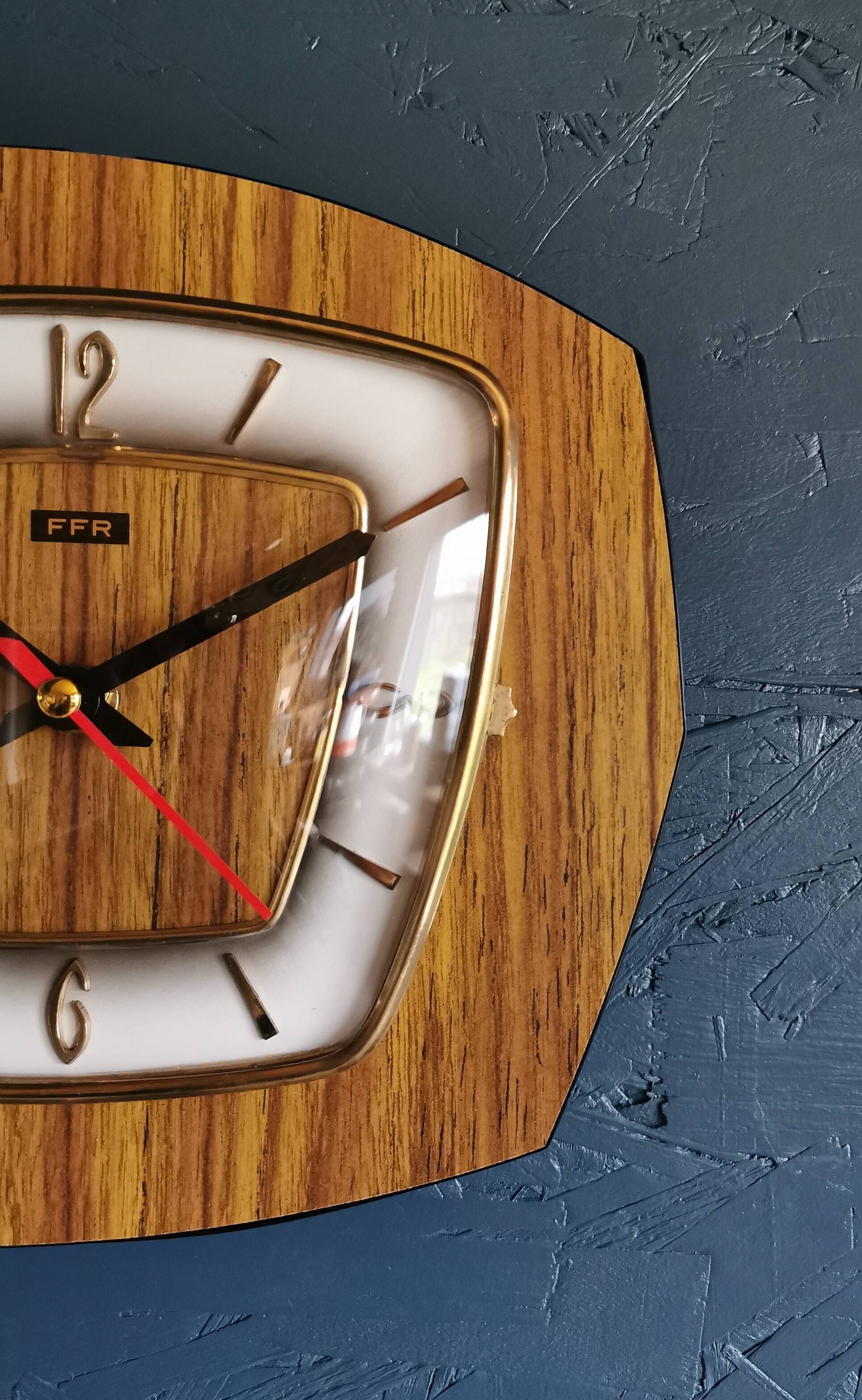 Vintage formica clock silent hexagonal wall pendulum "FFR wood"