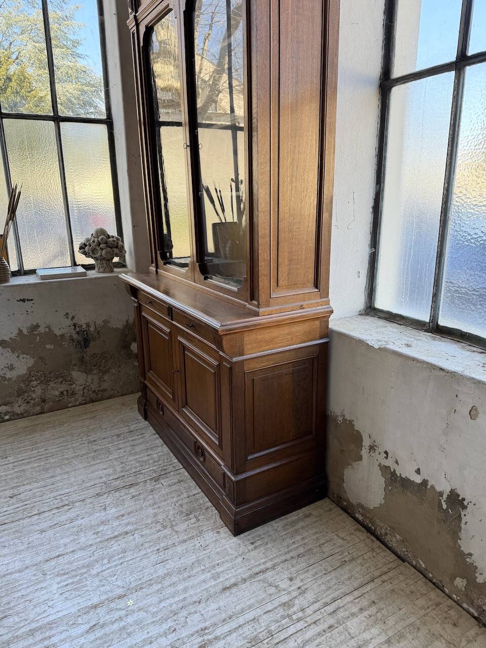 Antique XL Napoleonic oak glass bookcase, 19th century