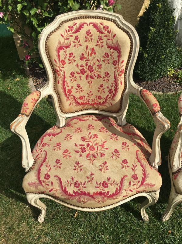 Pair of Louis XV period lacquered cabriolet armchairs, 18th century
