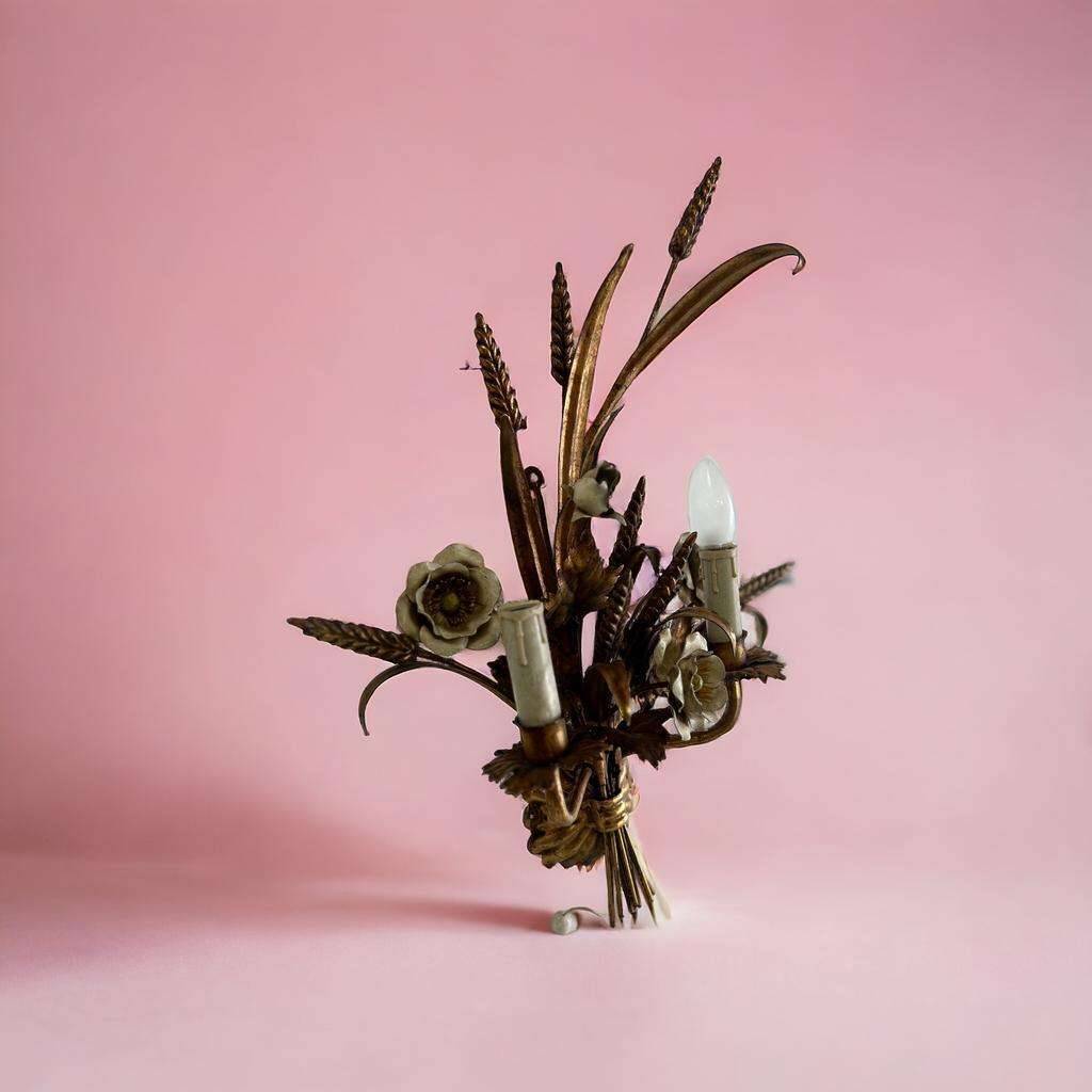 Vintage wheat 'golden' wall light with flowers: french style