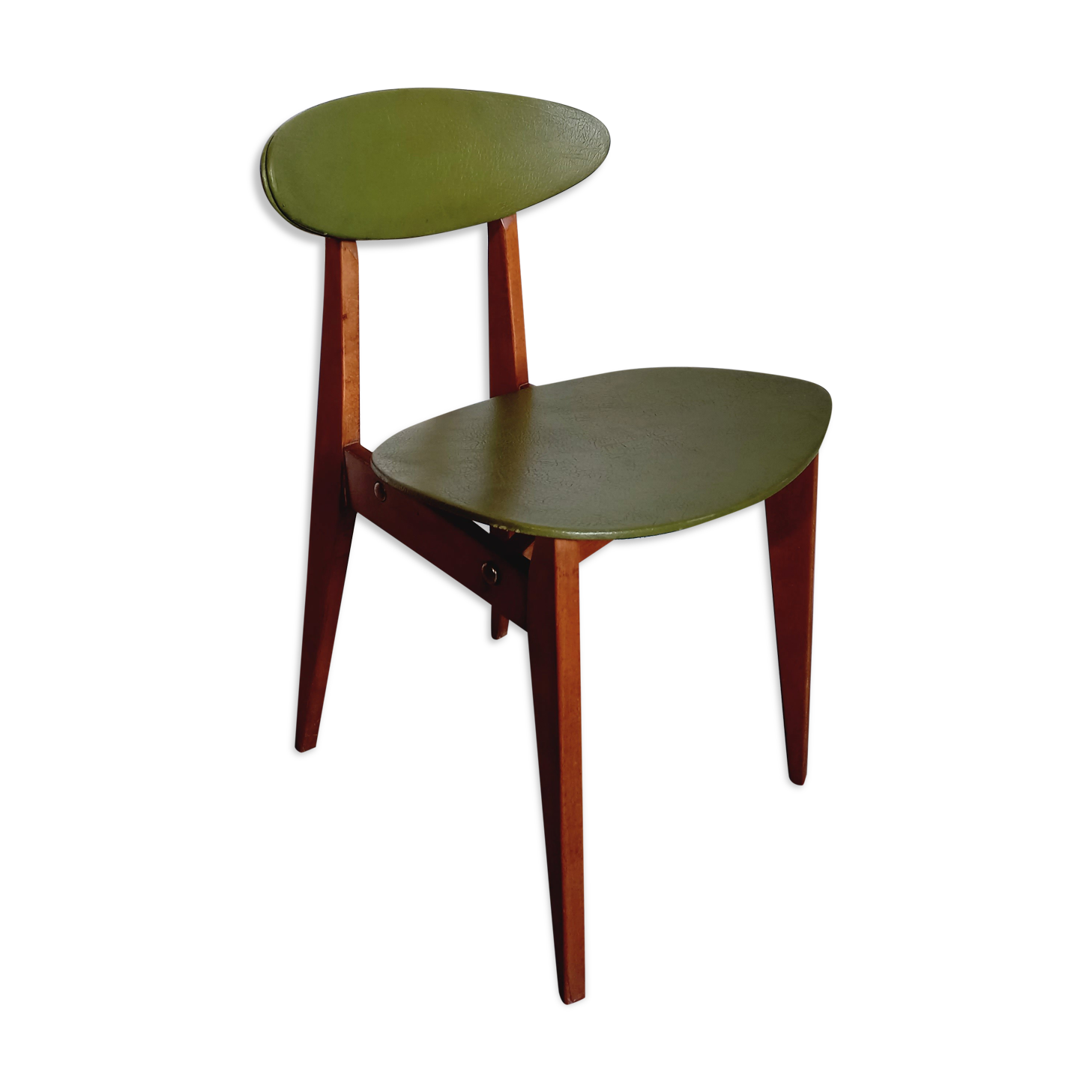 Vintage chair 50s 60s in wood and green skai