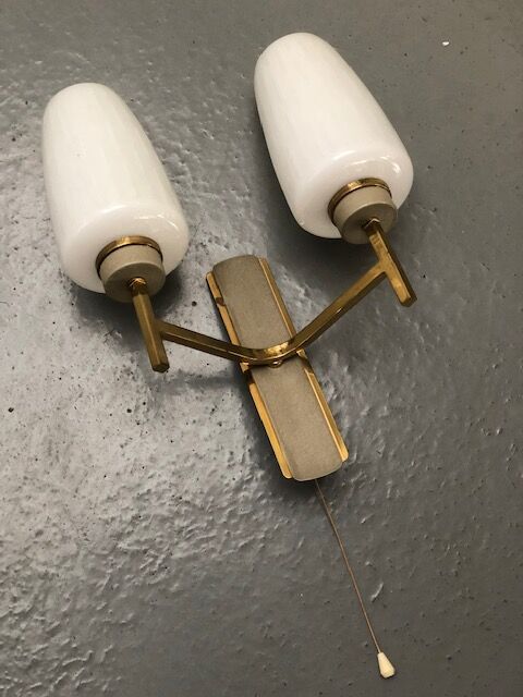 Pair of double vintage wall sconces in glass and brass