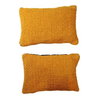 Pair of mustard and ultramarine blue chenille rectangle cushions