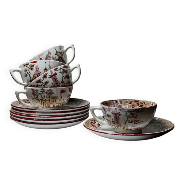 Service à thé Sarreguemines ancien collection Kyoto - 5 tasses et 6 soucoupes