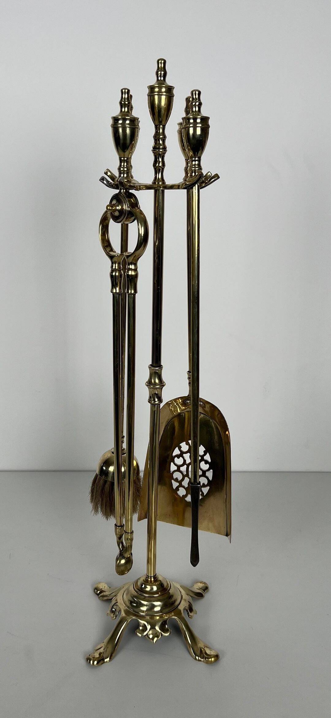 Neoclassical Polished Brass Fire Set with Ring Tools