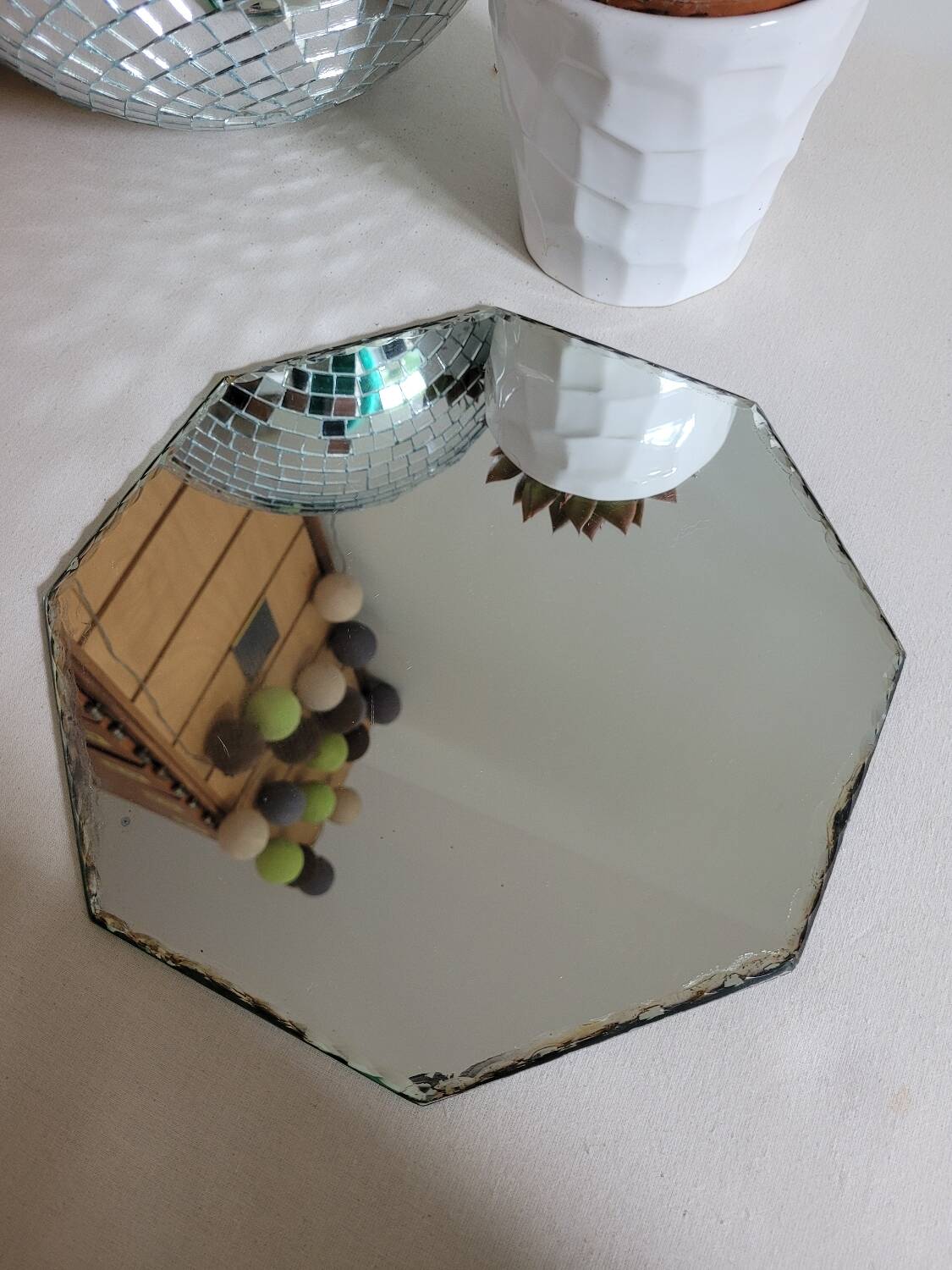 Hexagonal tabletop mirror with bevelled edge