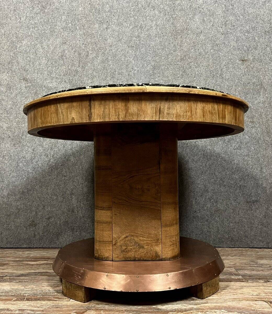 Art Deco table in wood, copper and marble – circular top – around 1930