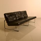 Unique Dutch bench in black leather with a steel and wenge structure from the 60s.