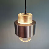 Scandinavian pendant light in grooved transparent glass and brushed aluminum, 1960