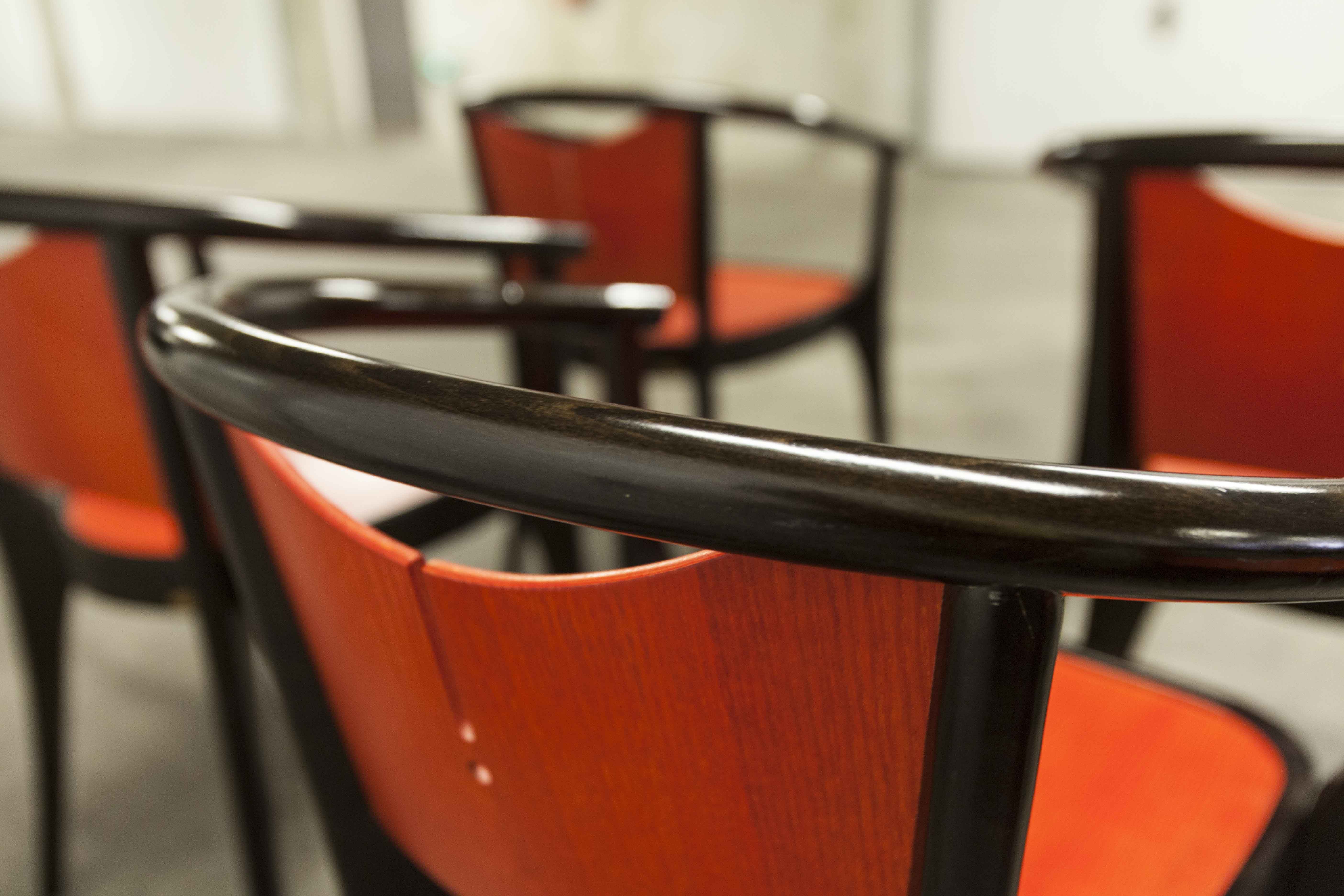 Table and 6 armchairs Baumann Diese, design Pagnon Pelhaître, Wenge color and red,