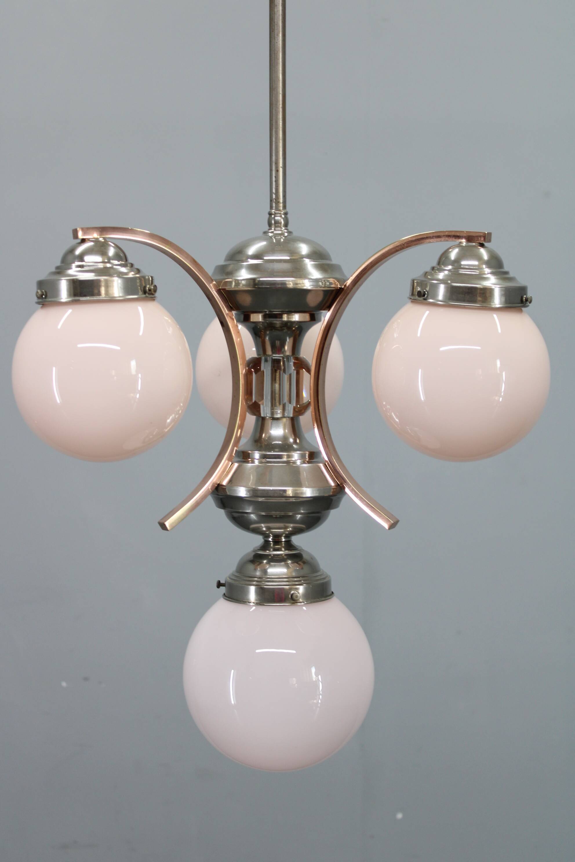 1930s Czechoslovak Art Deco nickel chandelier with rose opaline glass globes