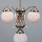 1930s Czechoslovak Art Deco nickel chandelier with rose opaline glass globes