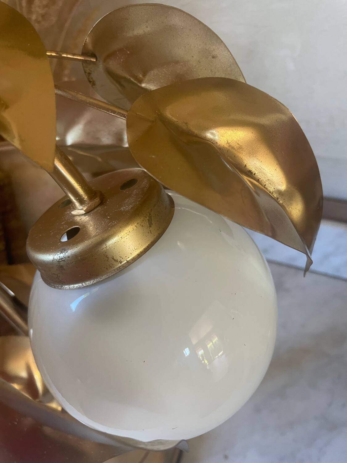 70s gold metal and opaline lamp