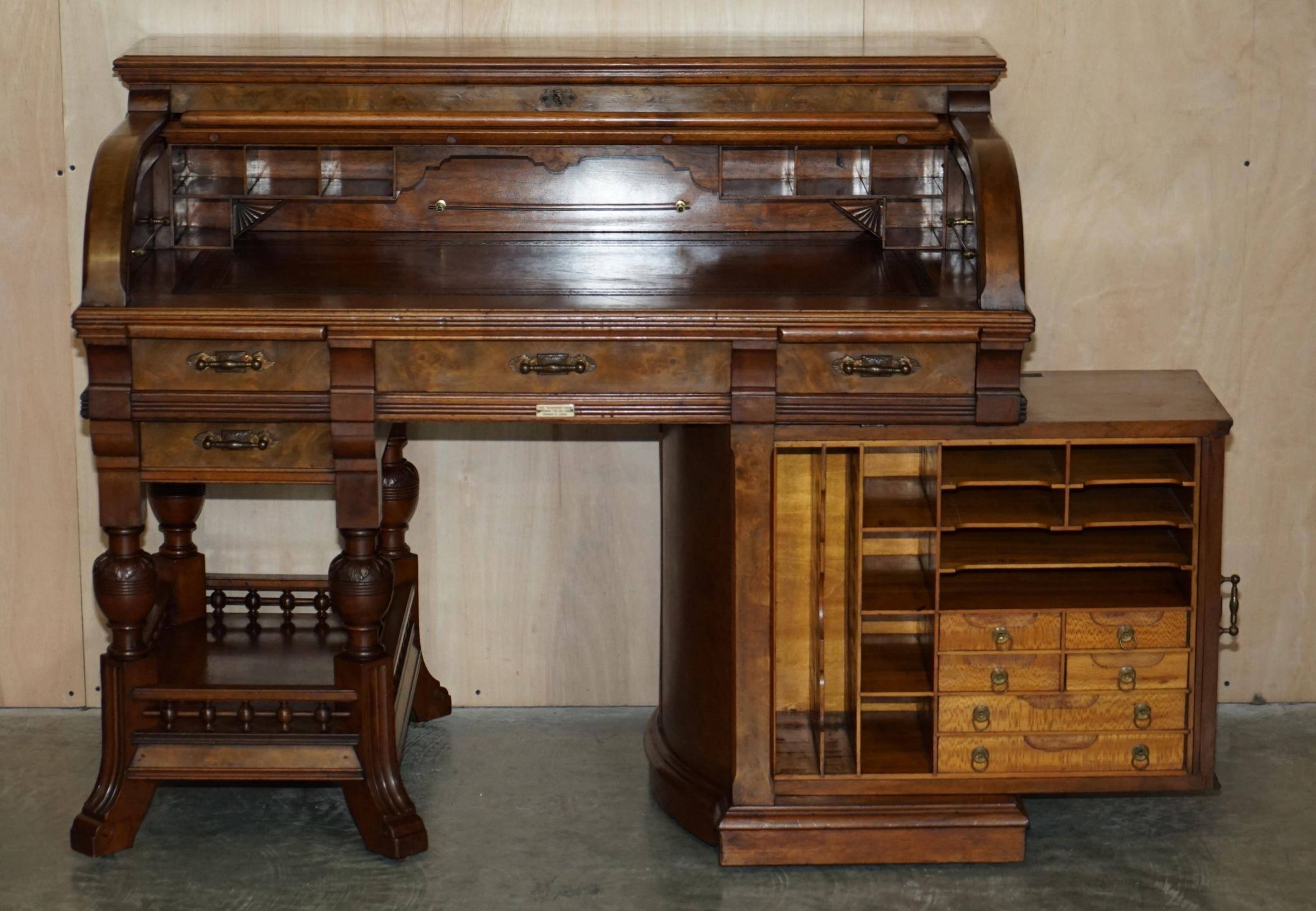 Shannon File Co drum desk in Victorian walnut with certificate.