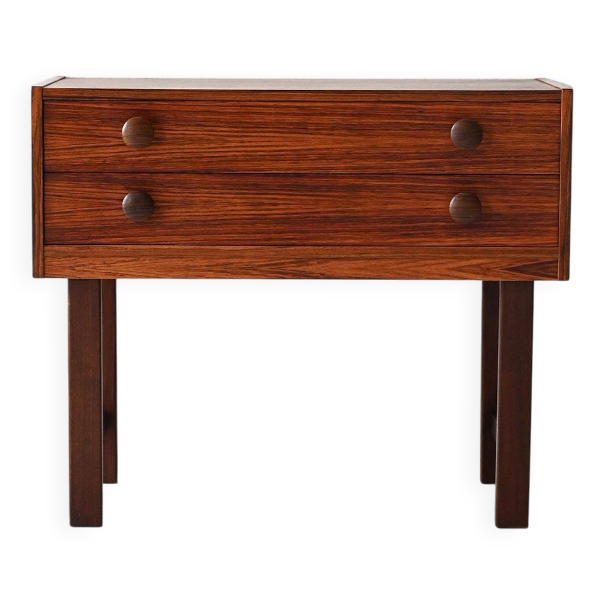 Table de chevet vintage scandinave en palissandre avec deux tiroirs