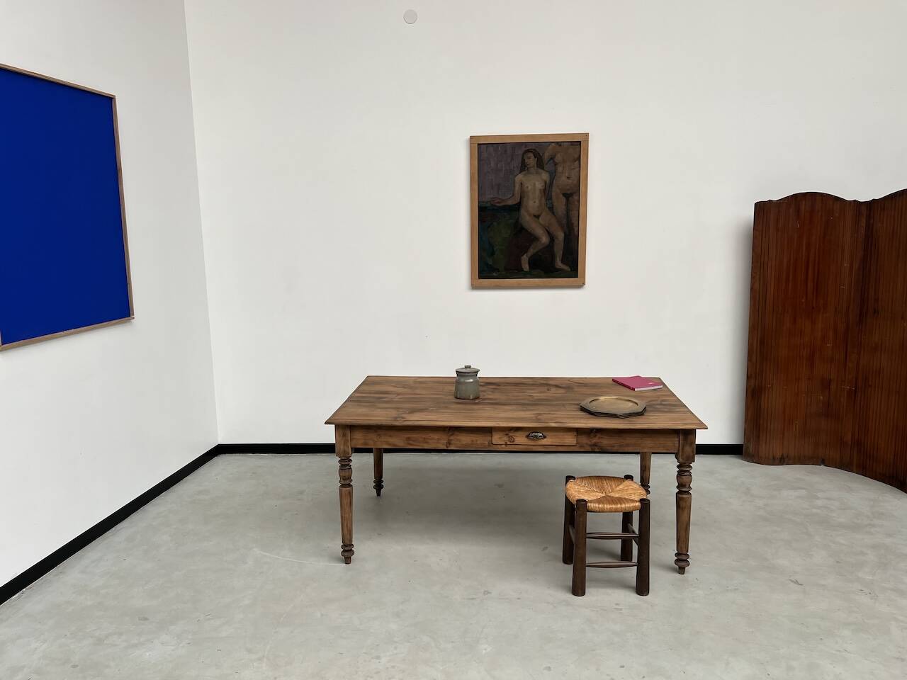 Antique farm table from the 1950s, with 3 drawers and turned legs