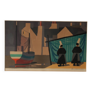 Lithographie encadrée des années 1950 par Lars Norrman, Suède
