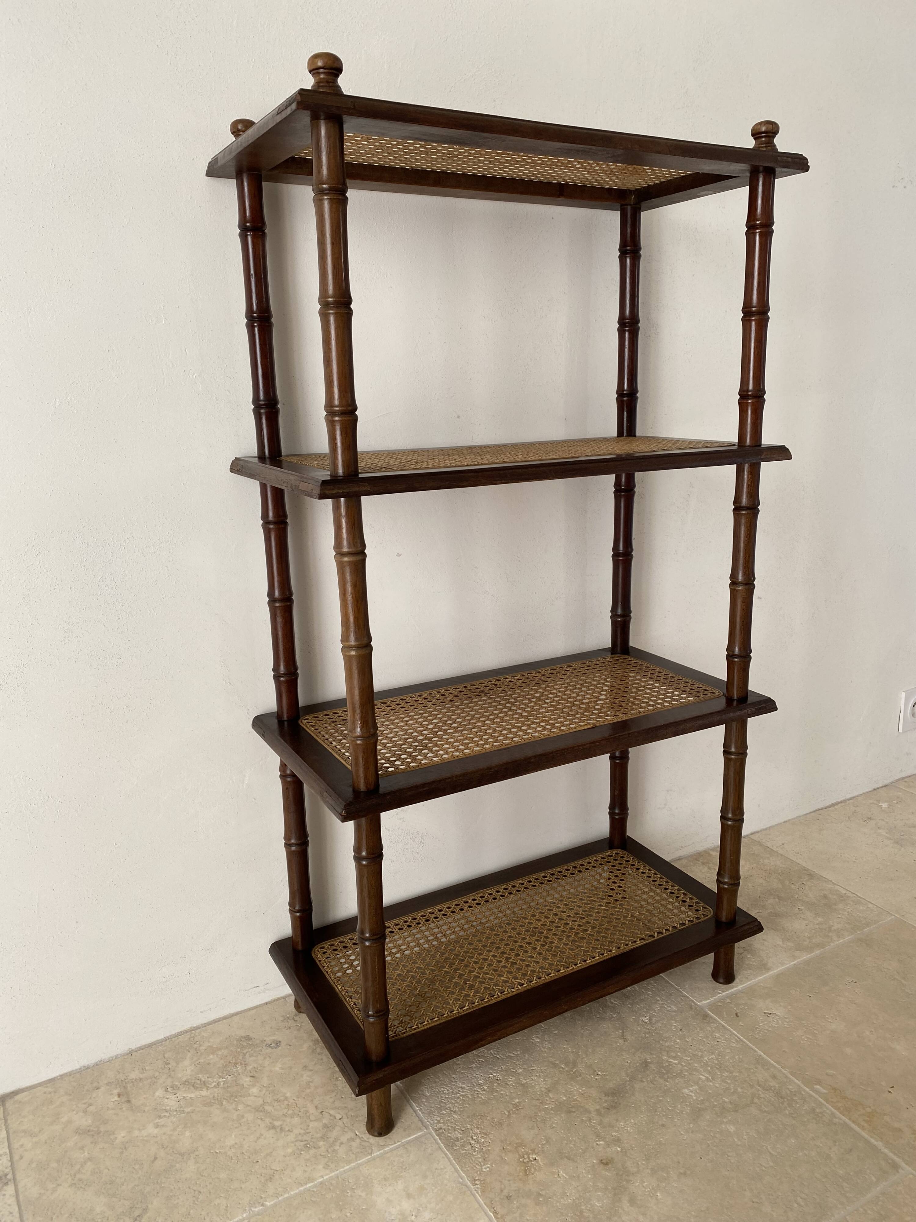 Vintage wooden shelf with cane, colonial style, 4 levels.
