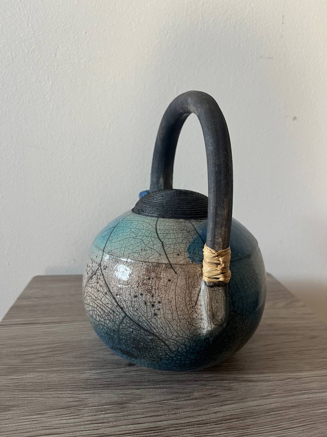 Handcrafted blue raku ceramic teapot – high handle Japanese design